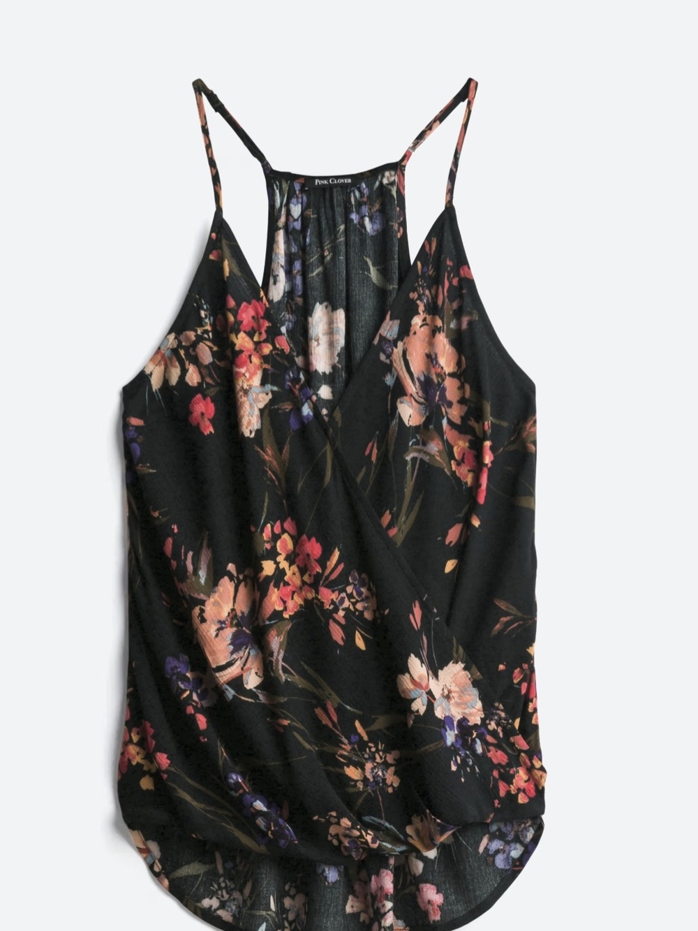 Black Floral Cami with Peach & Purple Blooms, T- Back, Longer In back Than Front